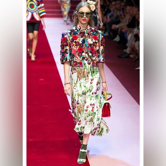 Dolce & Gabbana Square Neck Vegetable Print Midi Cady Dress 2018 XS / IT 36 - Picture 3 of 16